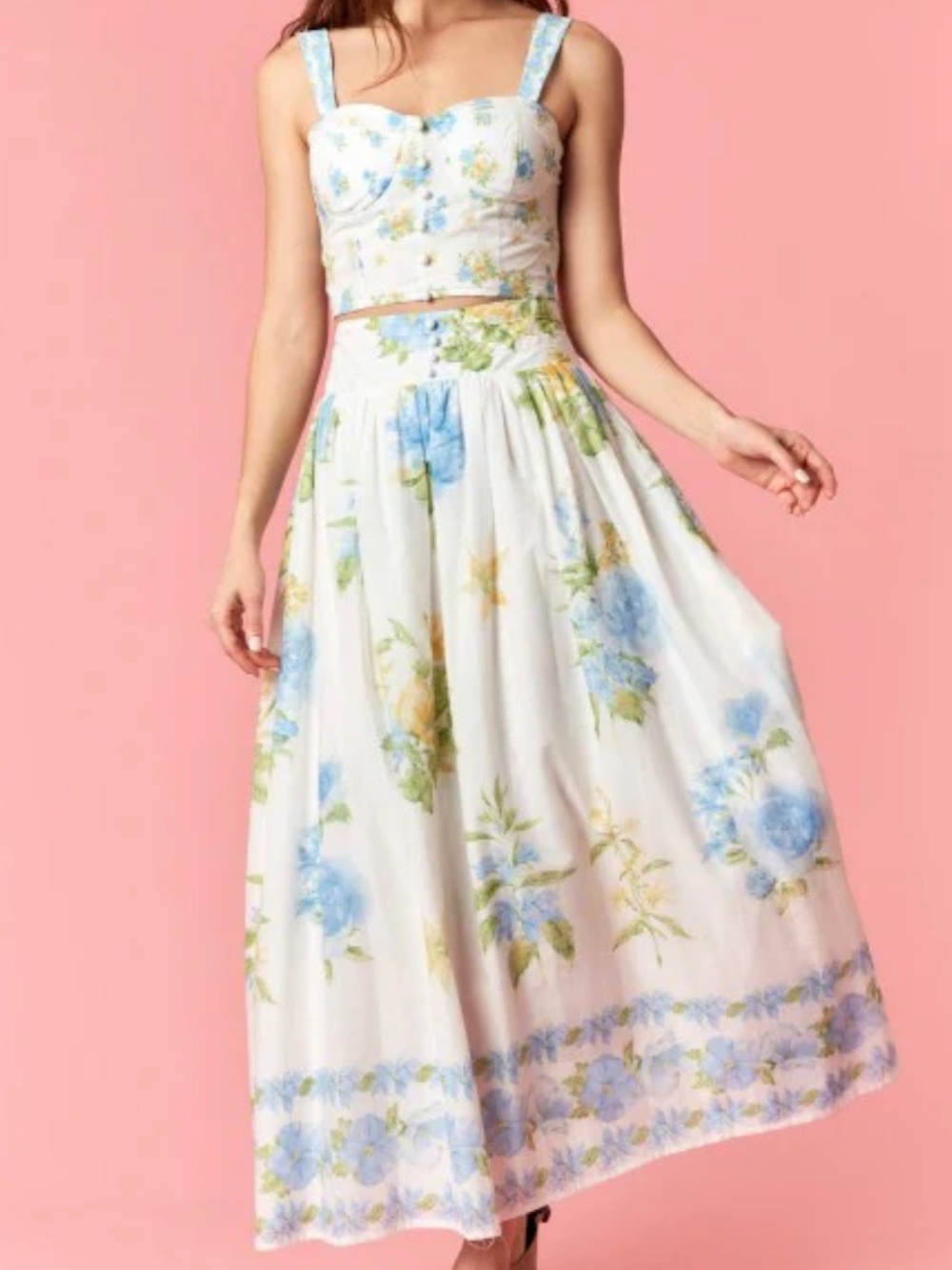 NWOT Women’s Peach Love California White with Blue Floral Print Maxi Skirt SET